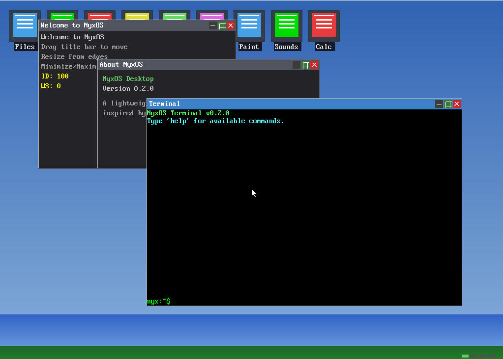 The NyxOS desktop: wallpaper, app icons, windows and a taskbar